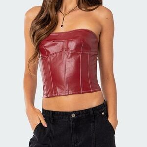 Red Strapless Faux Leather Top